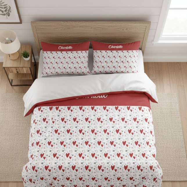 Red Black Doodle Hearts Retro Monogram Name (cute red and black retro hearts theme custom pillowcase with name monogram)