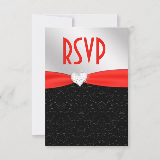 Red Black Floral Damask Diamond Heart RSVP (Frente)