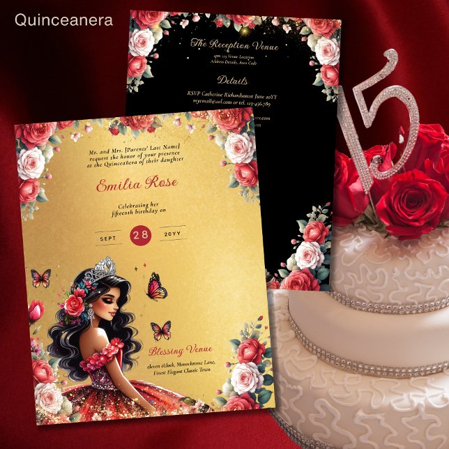 Red Black Quinceanera Vestir Borboletas Florais (Criador carregado)