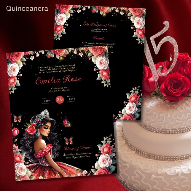 Red Black Quinceanera Vestir Borboletas Florais (Criador carregado)