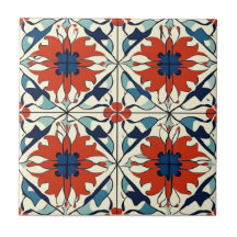 Red Blue and Off White Pattern Ceramic Tile