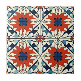 Red Blue and Off White Pattern Ceramic Tile