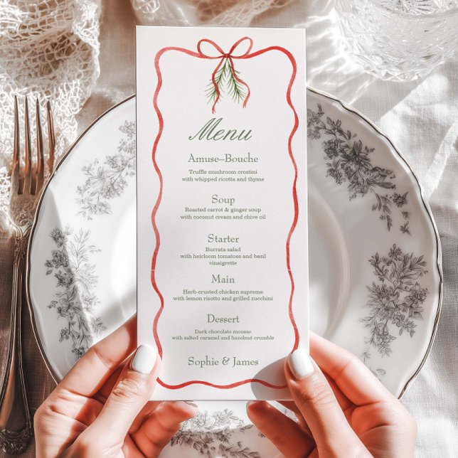 Red Bow Ribbon Winter Wedding Flat Menu (Criador carregado)