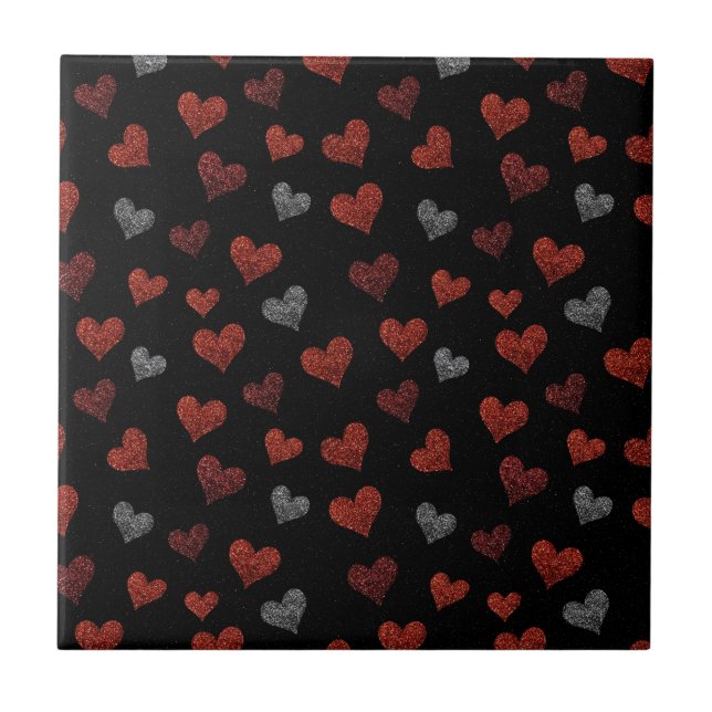 Red Burgundy Silver Glitter Hearts on Black (Frente)