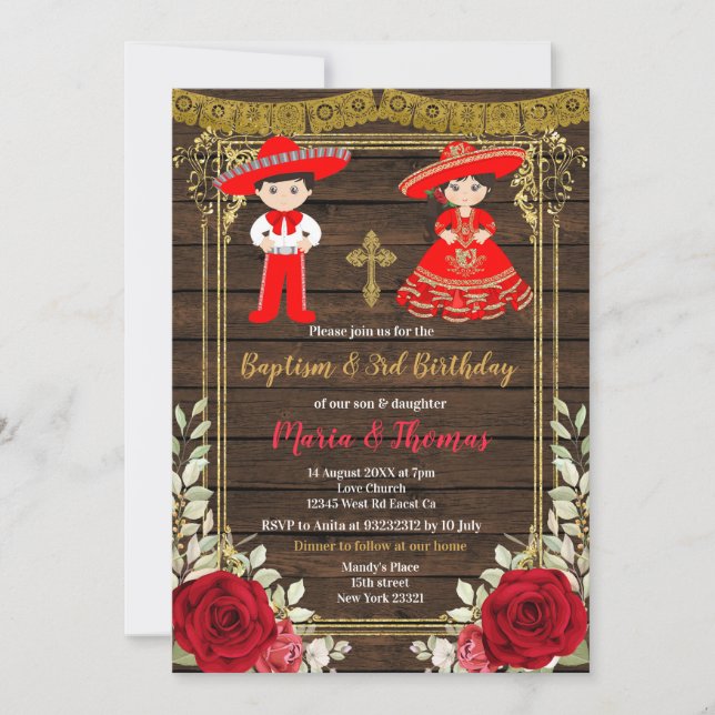Red Charro Rosas Baptism Fiesta Twin Convite (Frente)