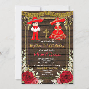 Red Charro Rosas Baptism Fiesta Twin Convite