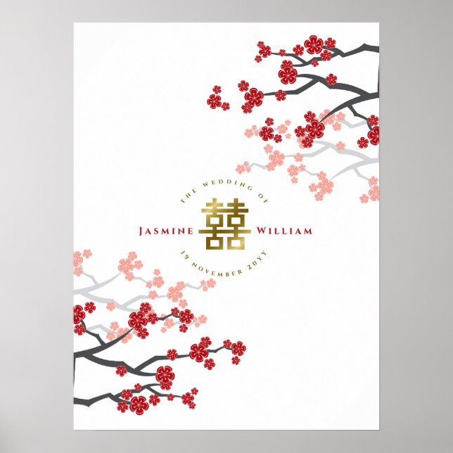 Red Cherry Blossoms Dourado Poster de Felicidade D (Frente)
