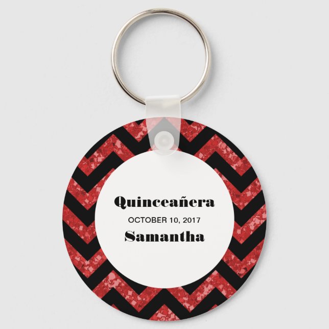 Red Chevron Glitter Quinceañera Chaveiro (Frente)