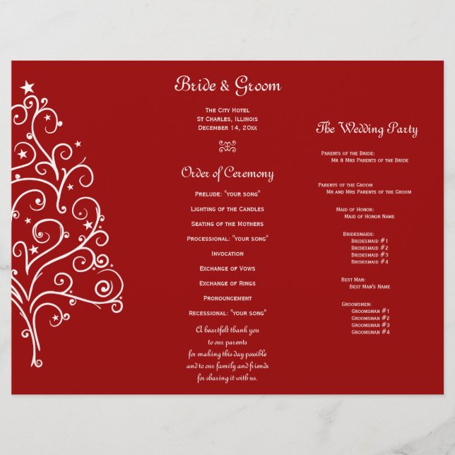 Red Christmas Tree Winter Tri Fold Weding Program (Frente)