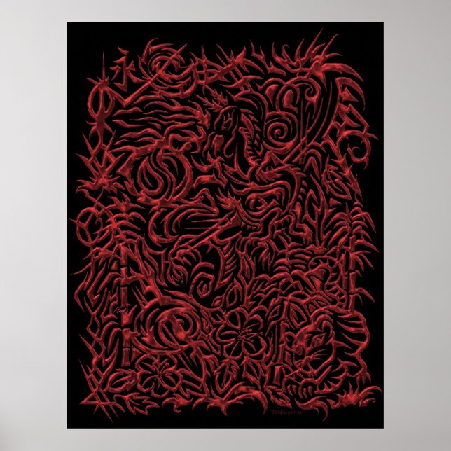 Red Chrome Oriental Tribal Tattoo Poster (Frente)