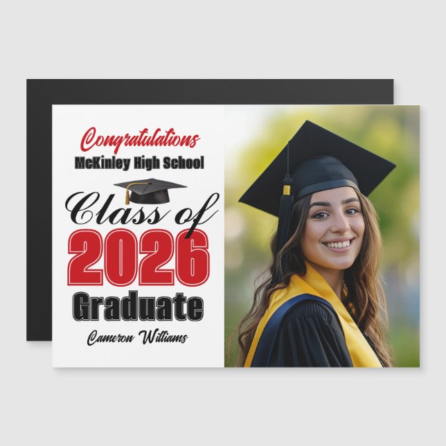 Red Class of 2026 Graduation Photo Magnet Card (Frente/Verso)