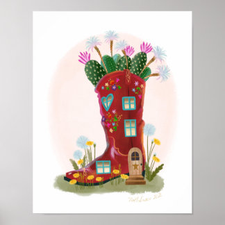 Red Cowboy Boot e Cactus House Art Impressão