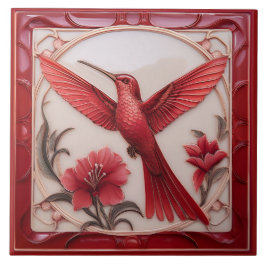 Red & cream faux relief Art Nouveau Hummingbird L