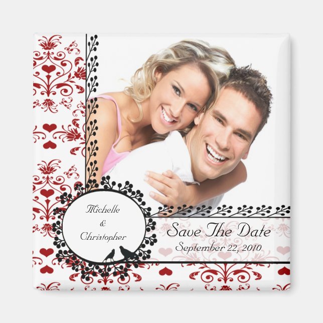 Red Damask Love Birds Imã salve a data Fotografia (Frente)