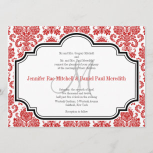 Red Damask Vintage Black White Wedings Convites
