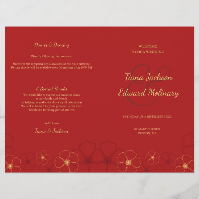 Red Dourado Cherry Blossoms, Programa de Casamento (Frente)