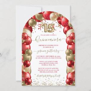 Red Dourado Sparkle Quinceañera Balão Convite