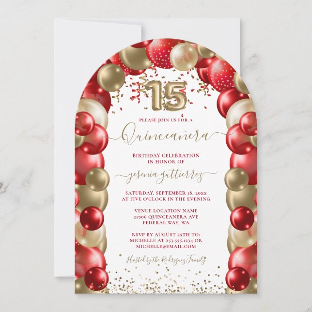 Red Dourado Sparkle Quinceañera Balão Convite (Frente)