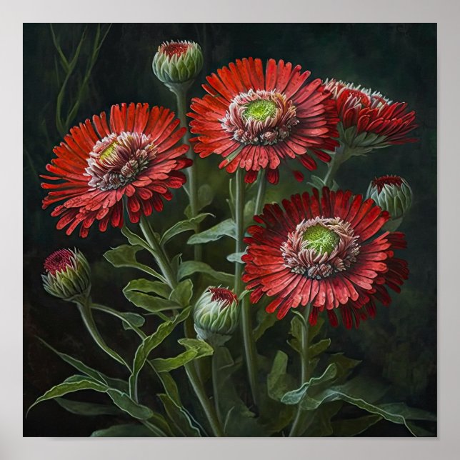 Red English Daisy Flower Art Impressão Poster (Frente)