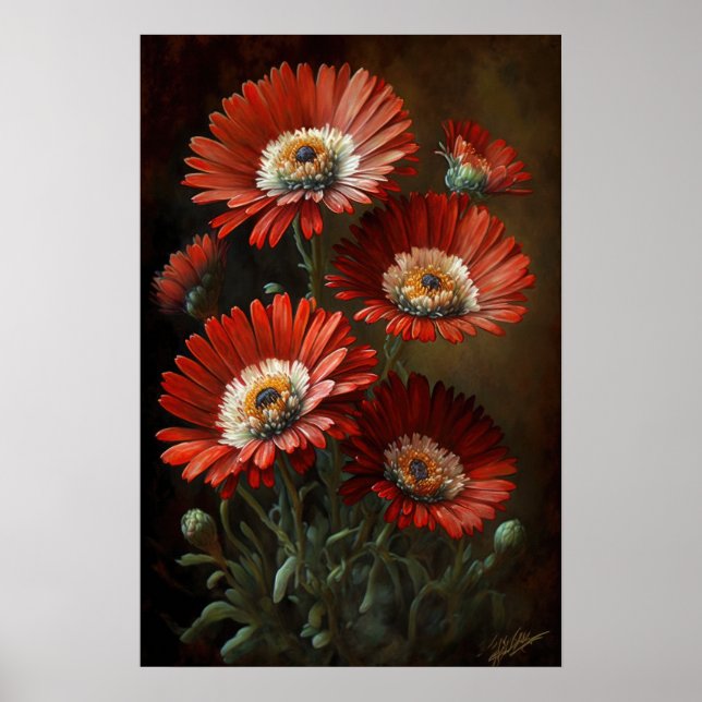 Red English Daisy Flower Art Impressão Poster (Frente)