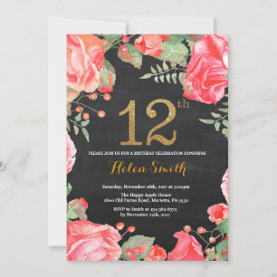 Red Floral 12 Aniversário Convite Dourado Literatu