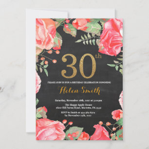 Red Floral aniversário de 30 anos Convite Dourado