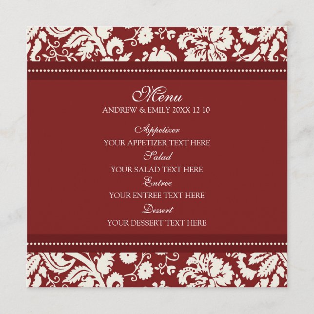 Red Floral Damask Menu Casamento (Frente)