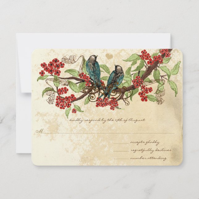 Red Flower Branch Vintage Birds Casamento RSVP (Frente)