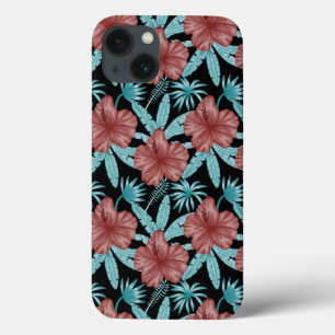 Red flowers tropical seamless pattern &blue leaves