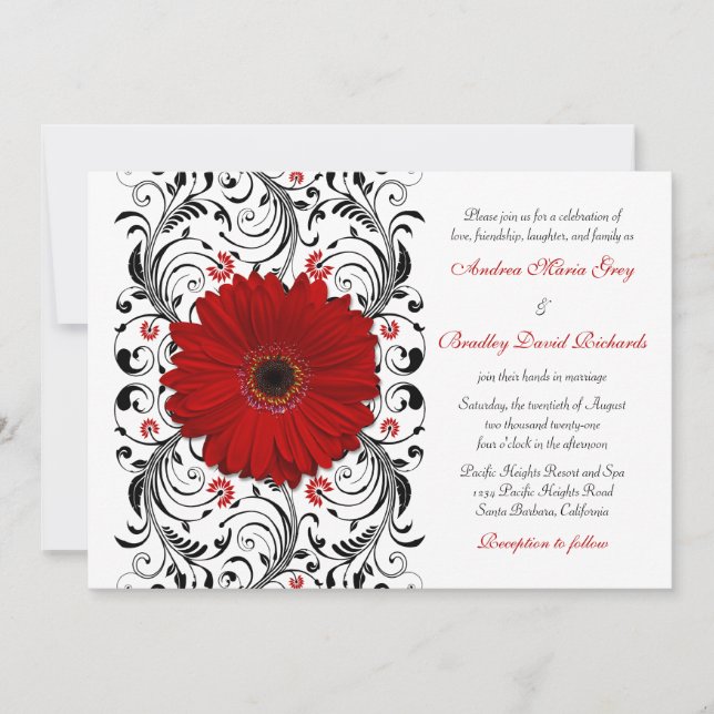 Red Gerber Daisy Black Floral Wedation Convite (Frente)