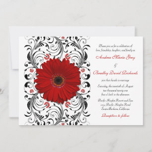 Red Gerber Daisy Black Floral Wedation Convite