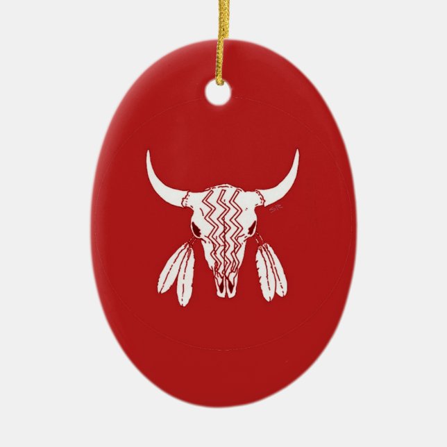 Red Ghost Dance Buffalo oval ornamento cerâmico (Frente)