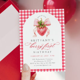 Red Gingham Berry Primeiro Convite de Aniversário