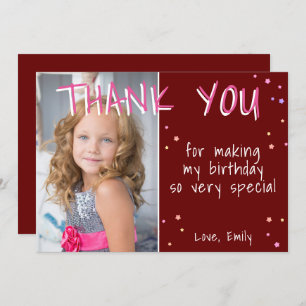 Red Girl Stars Aniversário Obrigado Cartão com fot