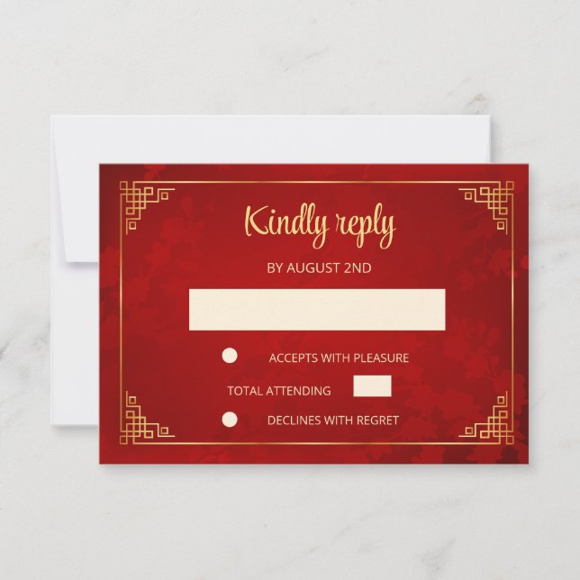  Red Gold Chinese Frame Wedding RSVP (Frente)