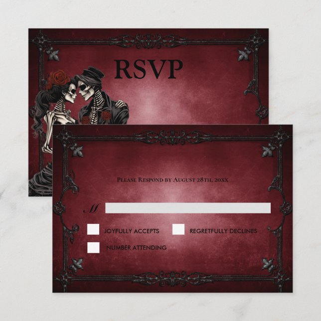 Red Gothic Halloween Alternative Wedding RSVP Card (Frente/Verso)