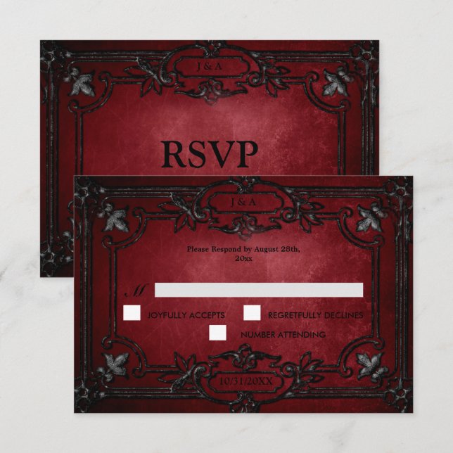 Red Gothic Halloween Alternative Wedding RSVP Card (Frente/Verso)