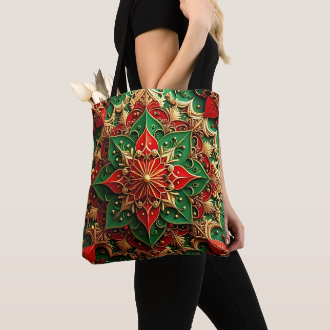 Red Green Decorative Christmas Holiday Tote Bag (Close Up)