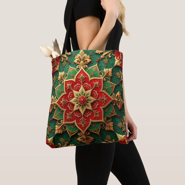 Red Green Decorative Christmas Holiday Tote Bag (Close Up)