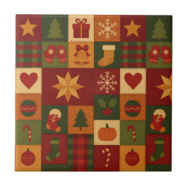 Red Green Patchwork Quilt Rustic Farmhouse Floral