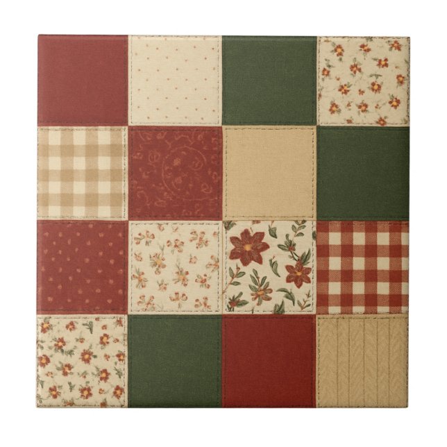 Red Green Patchwork Quilt Rustic Farmhouse Floral (Frente)