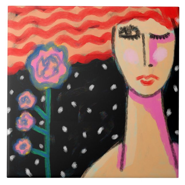 Red Hair Pink Roses Abstract Art (Frente)