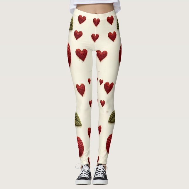 Red Hearts Pattern White Leggings - Romantic Valen (Frente)