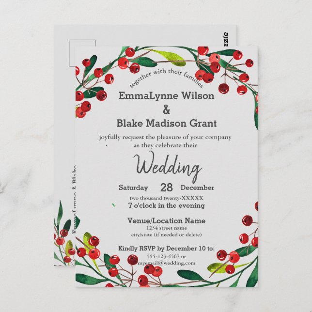 Red Holly Berries Wreath Xmas Convite para Casamen (Frente/Verso)