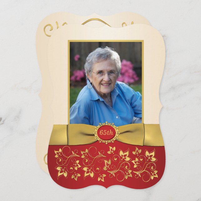 Red, Ivory, Dourada 65ª Foto Convite de Aniversári (Frente/Verso)