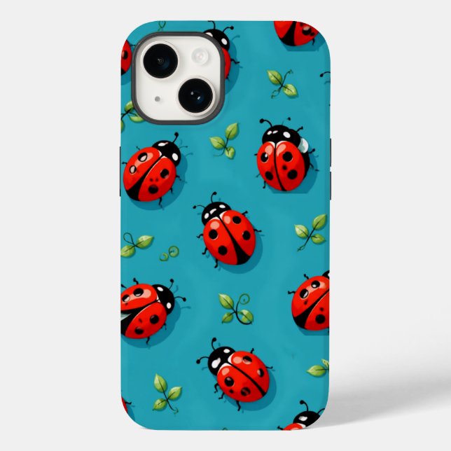 Red Ladybugs Lucky Pattern Sky Blue iPhone Case (Verso)