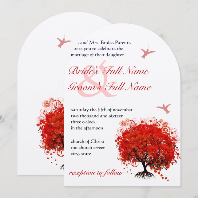 Red Love Tree Birds 5 x 7 Convite de Casamento (Frente/Verso)