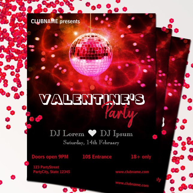 Red Love Valentine's Day Disco Ball Party Flyer (Criador carregado)