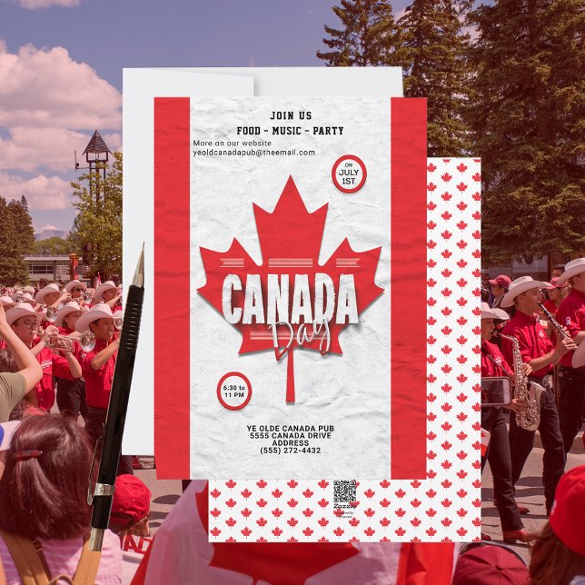 Red Maple Leaf Flag Canada Day Convite de festas (Join us for food music and party on the Canada Day celebration with this holiday invitation.)