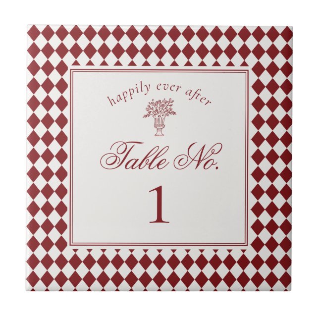 Red Merlot Harlequin Checker Wedding Table Number (Frente)